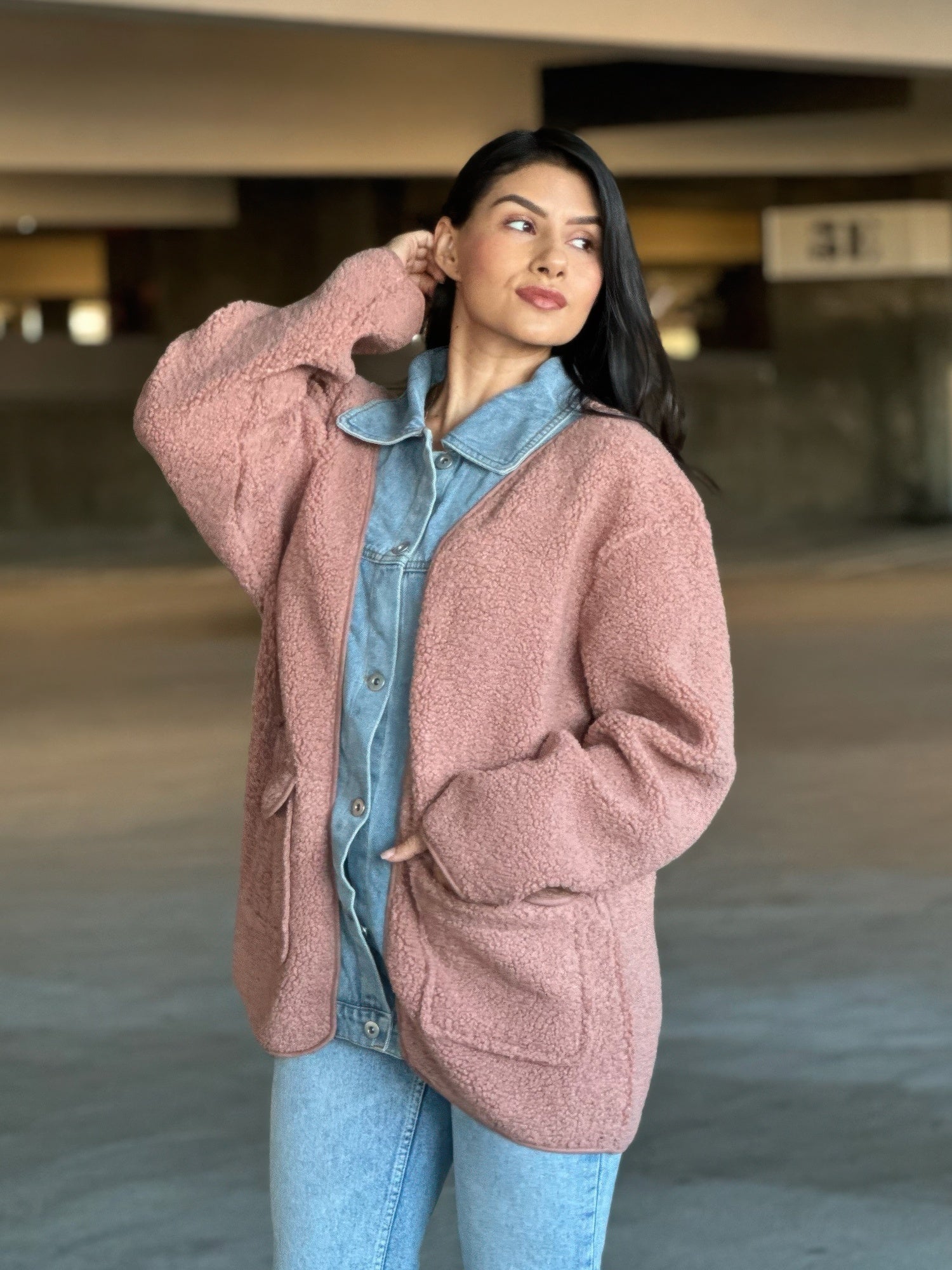 Teddy Fleece & Denim Jacket With Square Pockets - Tigbul's Variety Fashion Shop