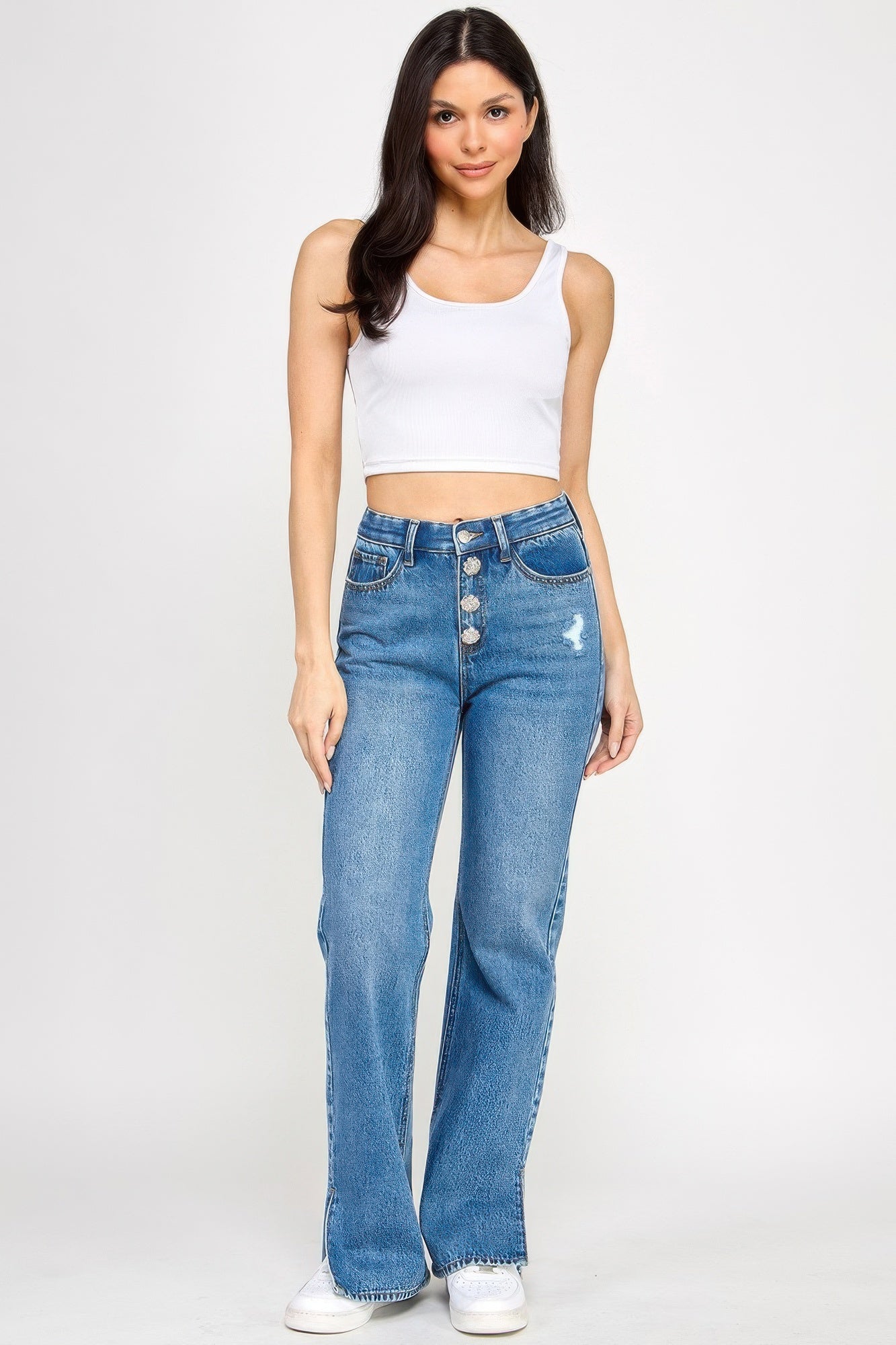 Plus High Rise Straight With Jewel Buttons - Tigbul's Variety Fashion Shop