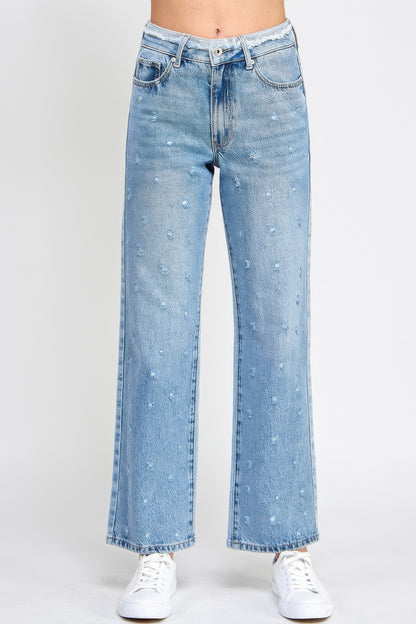 High Rise Dad Jeans W/ Fringe Waistband Detail - Tigbul's Variety Fashion Shop