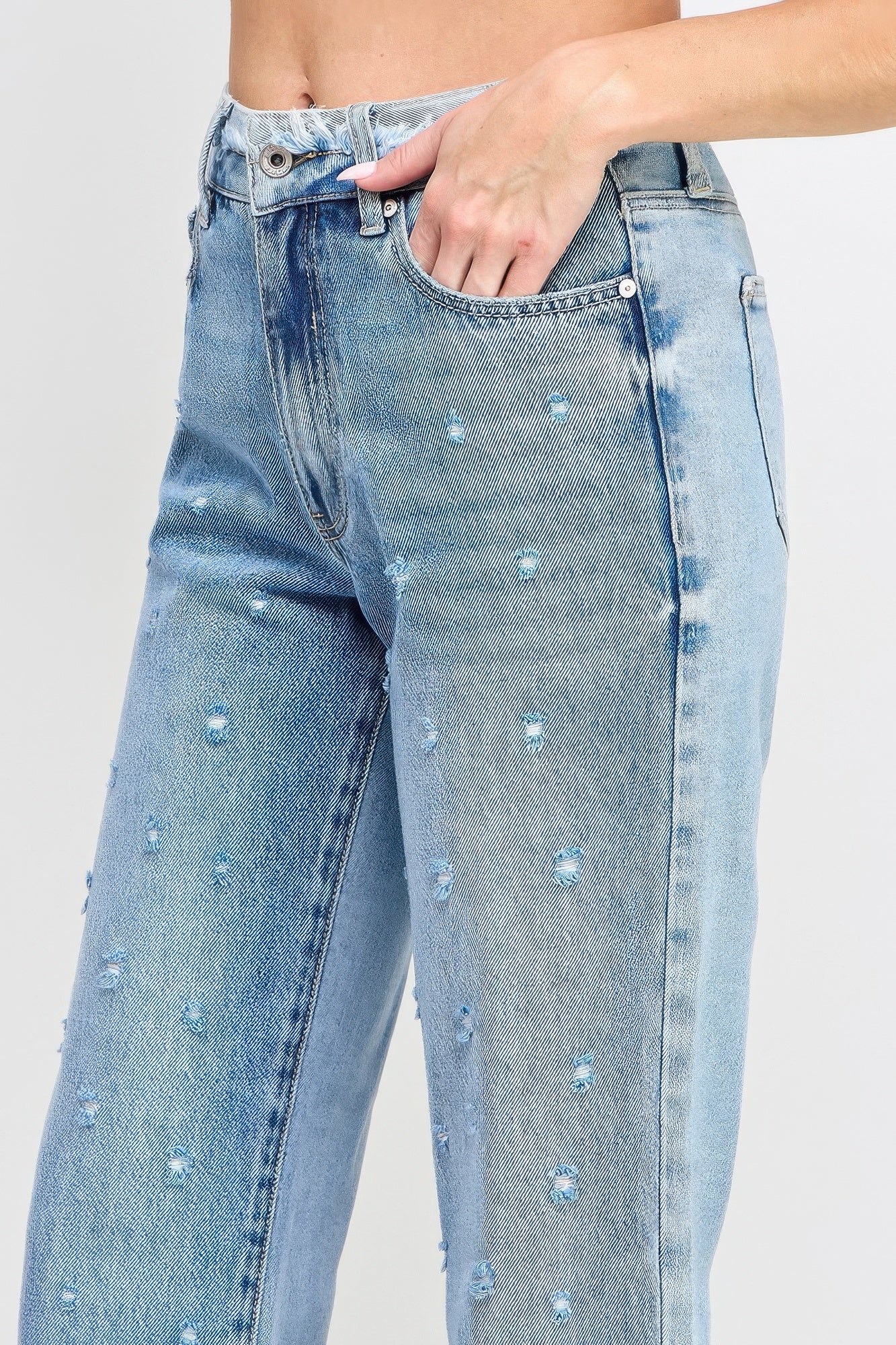 High Rise Dad Jeans W/ Fringe Waistband Detail - Tigbul's Variety Fashion Shop