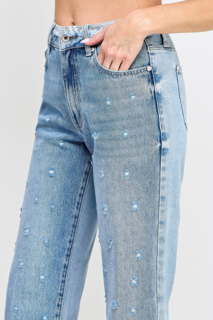 High Rise Dad Jeans W/ Fringe Waistband Detail - Tigbul's Variety Fashion Shop