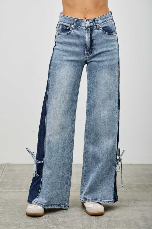 High Rise Contrast Wide Leg With Ribbon Tie - Tigbul's Variety Fashion Shop