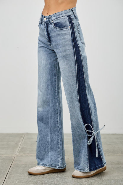 High Rise Contrast Wide Leg With Ribbon Tie - Tigbul's Variety Fashion Shop