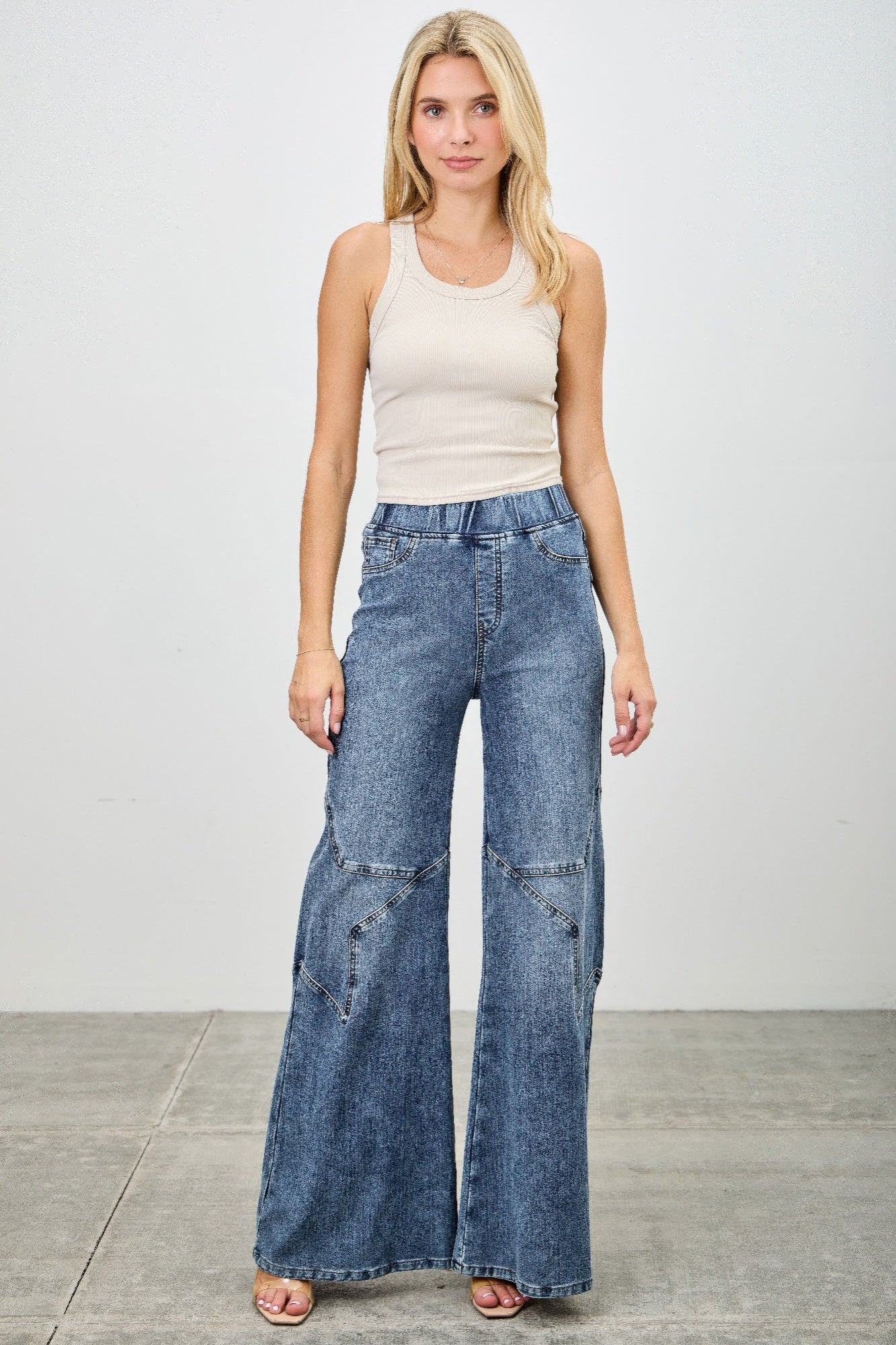 High Rise Star Pull On Knit Denim With Wide Leg - Tigbul's Variety Fashion Shop