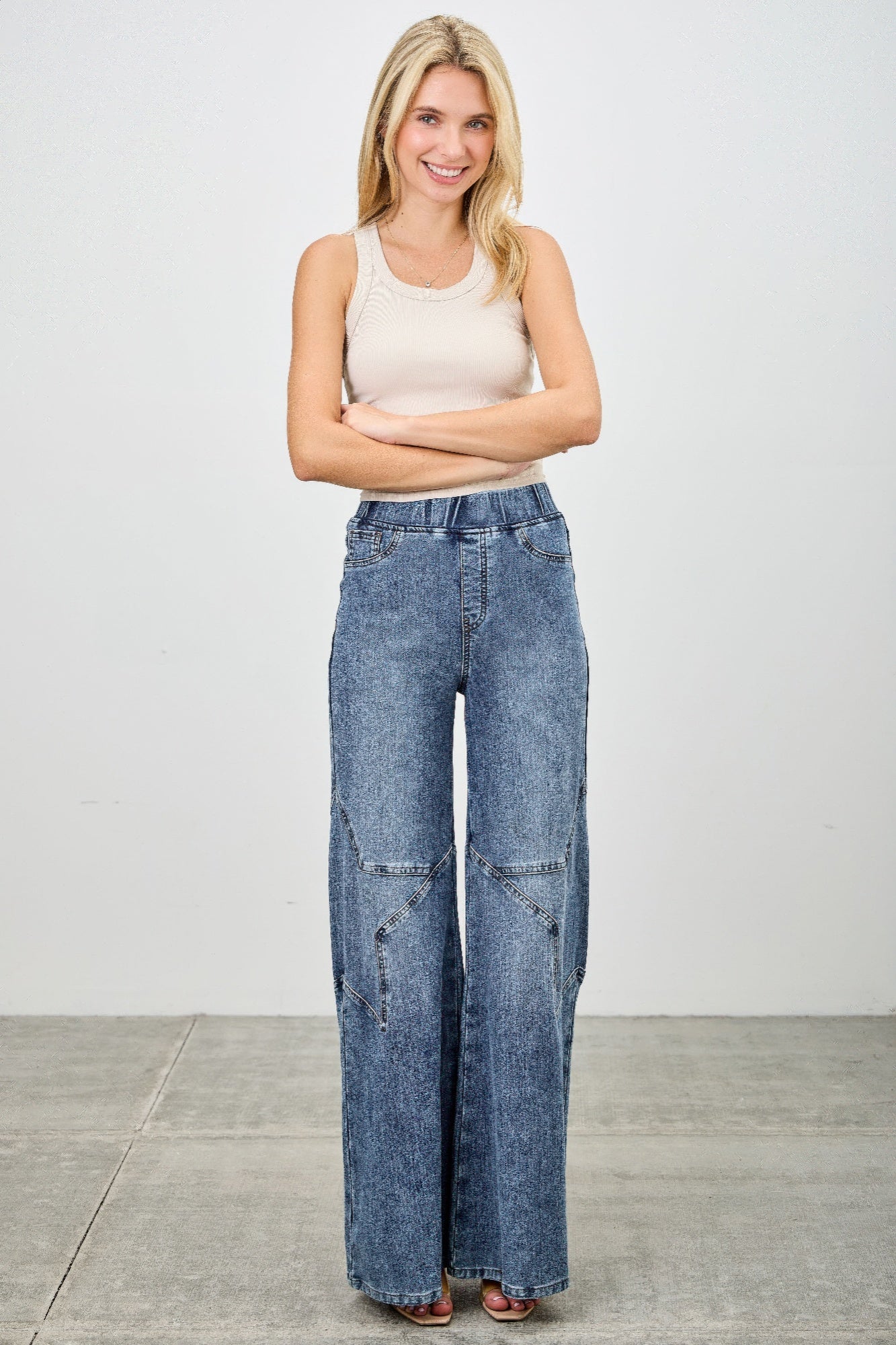High Rise Star Pull On Knit Denim With Wide Leg - Tigbul's Variety Fashion Shop