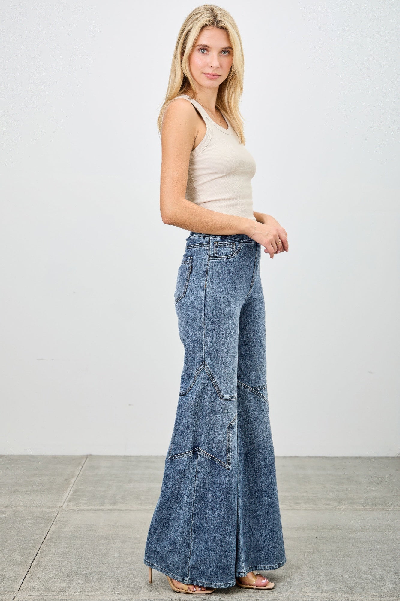 High Rise Star Pull On Knit Denim With Wide Leg - Tigbul's Variety Fashion Shop