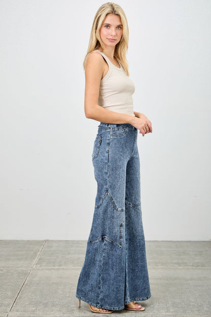 High Rise Star Pull On Knit Denim With Wide Leg - Tigbul's Variety Fashion Shop
