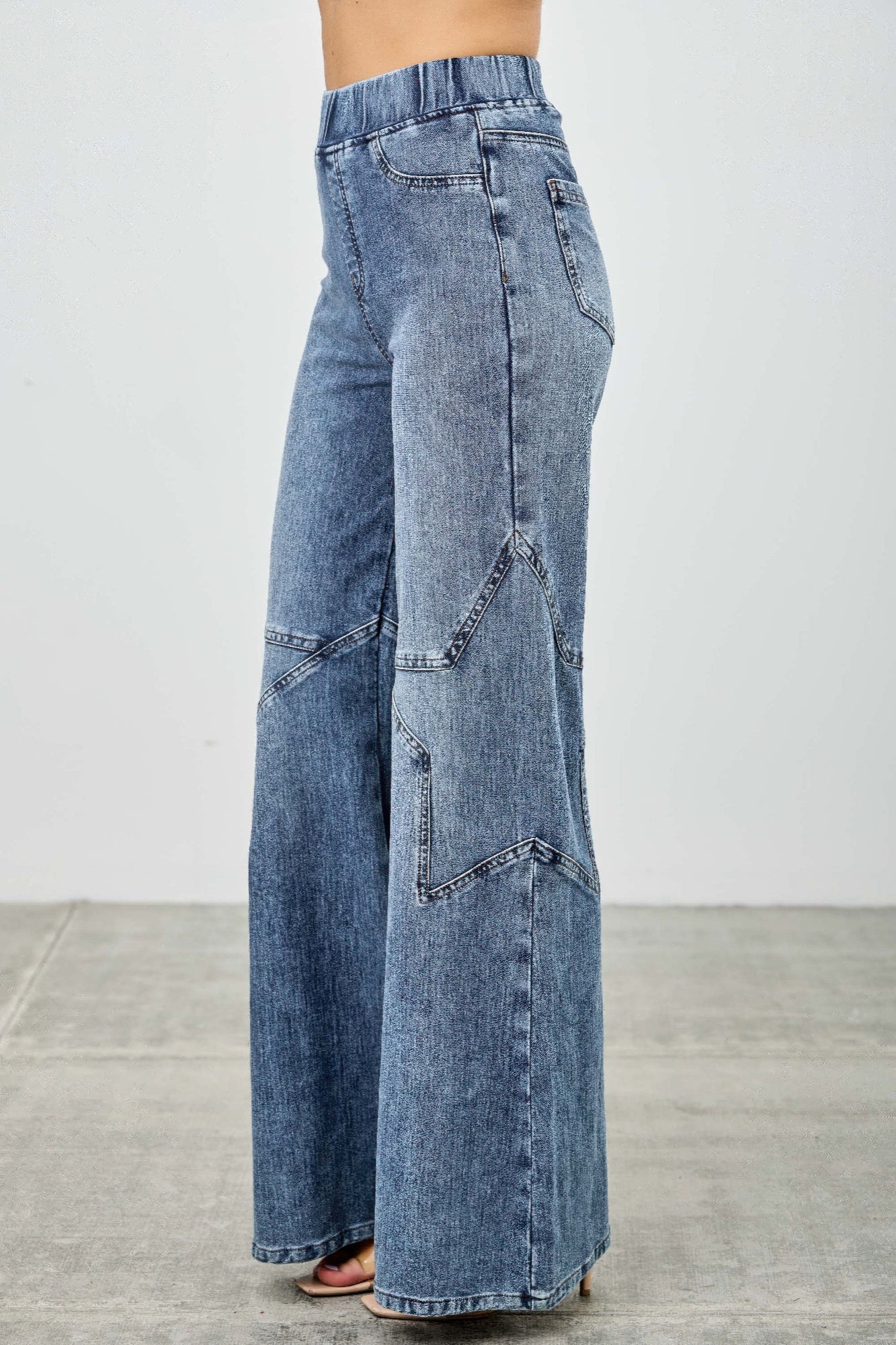 High Rise Star Pull On Knit Denim With Wide Leg - Tigbul's Variety Fashion Shop
