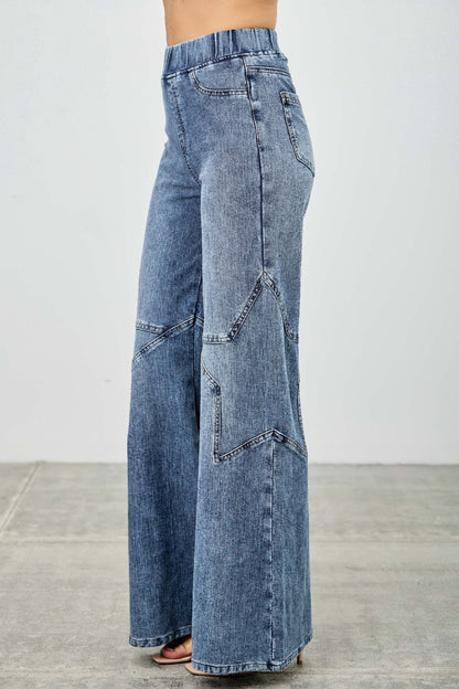 High Rise Star Pull On Knit Denim With Wide Leg - Tigbul's Variety Fashion Shop