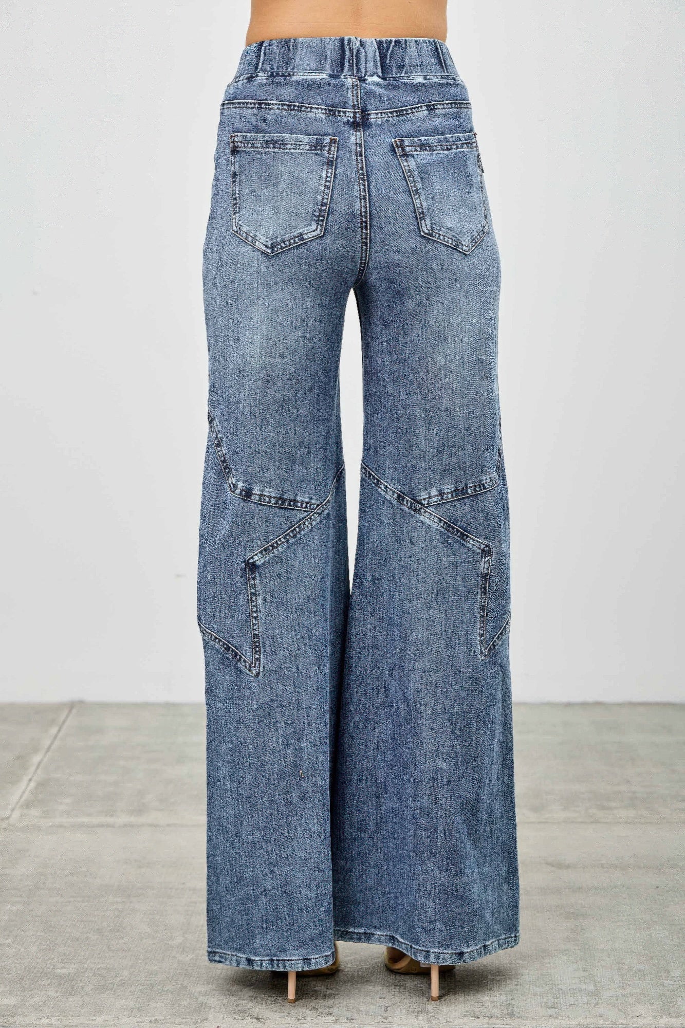 High Rise Star Pull On Knit Denim With Wide Leg - Tigbul's Variety Fashion Shop