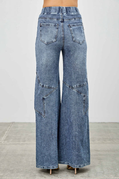 High Rise Star Pull On Knit Denim With Wide Leg - Tigbul's Variety Fashion Shop