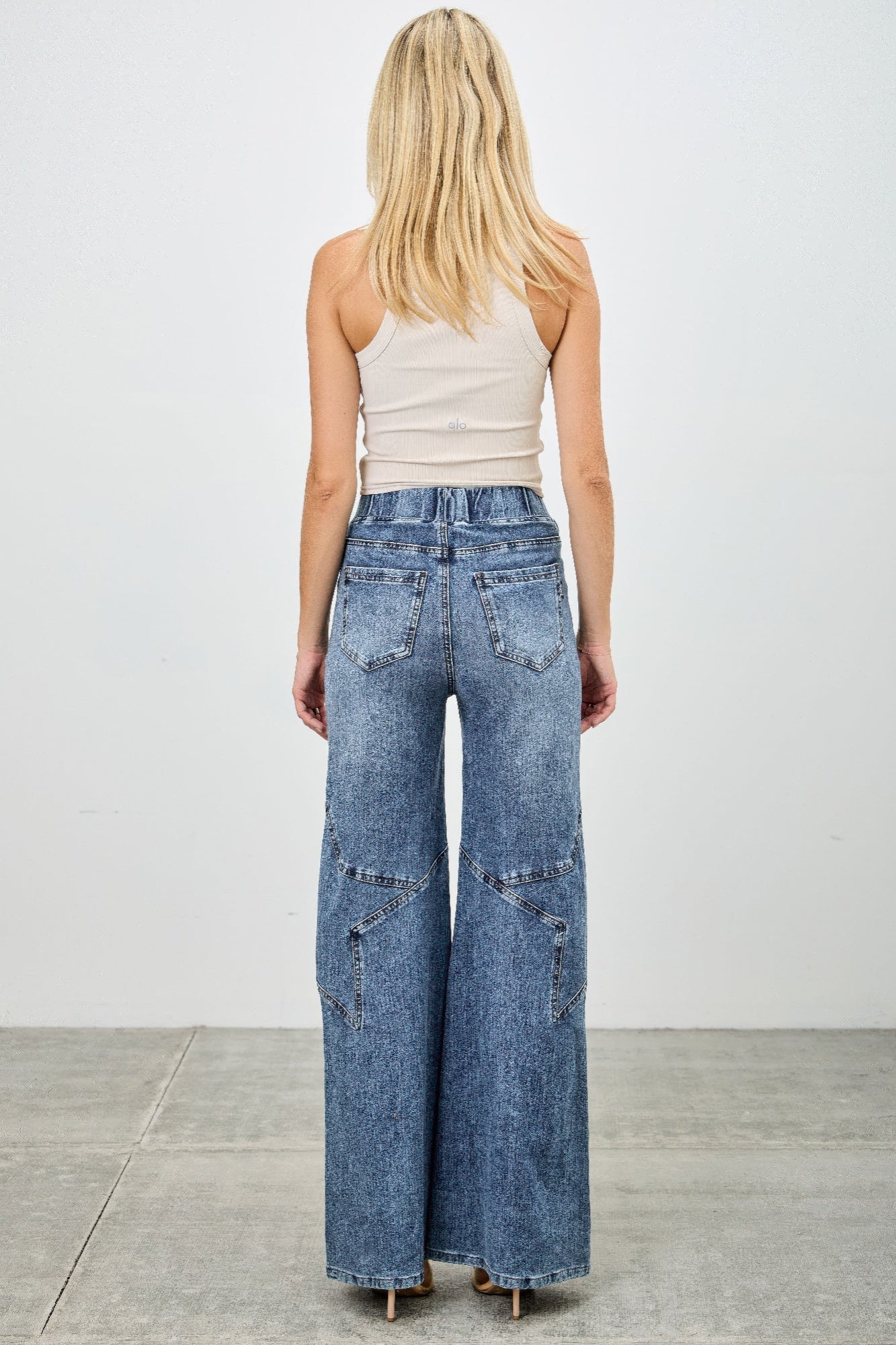 High Rise Star Pull On Knit Denim With Wide Leg - Tigbul's Variety Fashion Shop