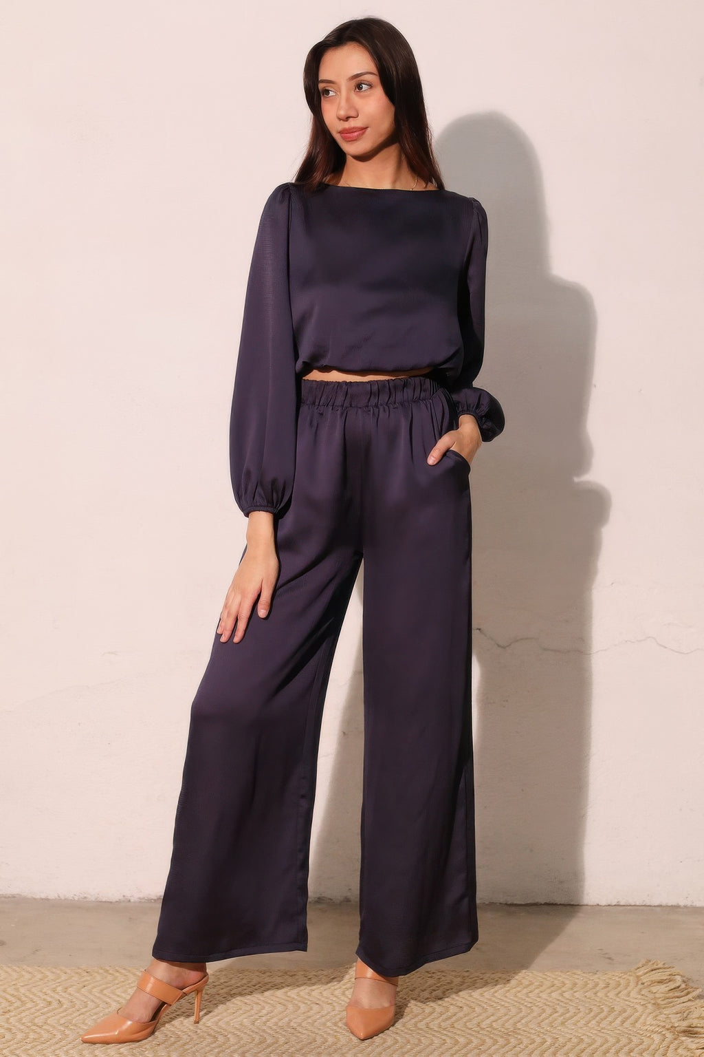 Navy hammered satin wide-leg pocket pants with elastic waist and relaxed drape