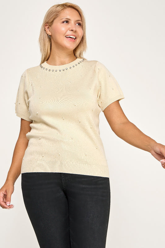 Plus Size Pearl & Rhinestone Knit Sweater Top - Tigbul's Variety Fashion Shop