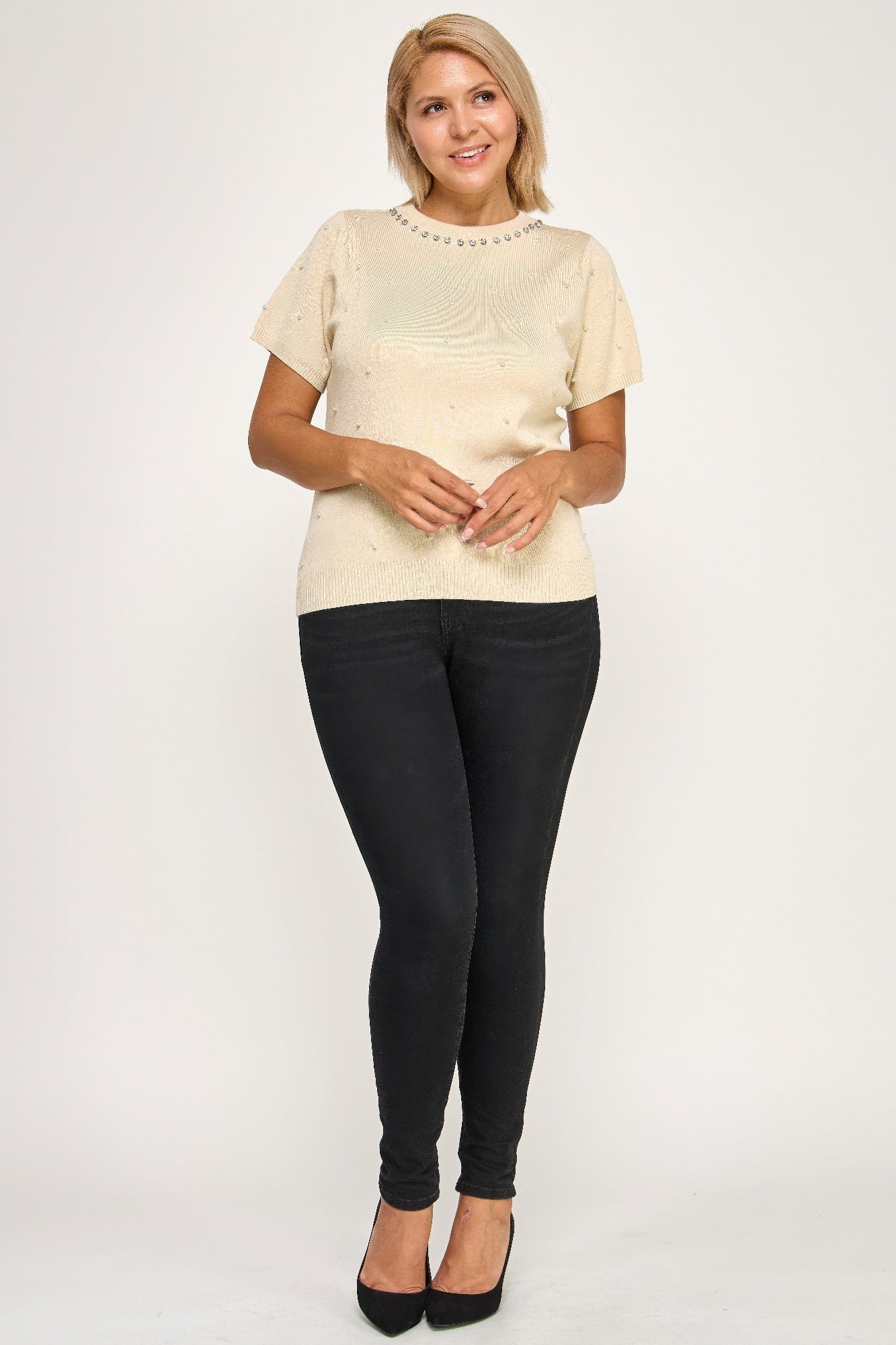 Plus Size Pearl & Rhinestone Knit Sweater Top - Tigbul's Variety Fashion Shop