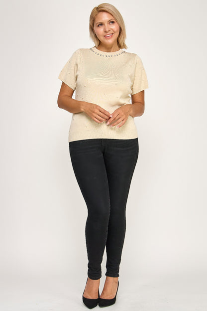 Plus Size Pearl & Rhinestone Knit Sweater Top - Tigbul's Variety Fashion Shop