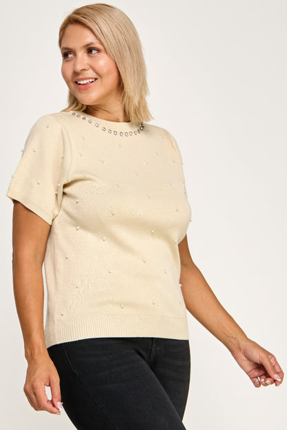 Plus Size Pearl & Rhinestone Knit Sweater Top - Tigbul's Variety Fashion Shop