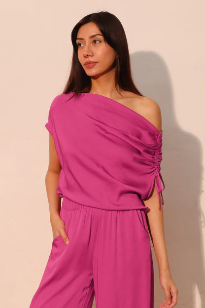 Washed Poly Silk Asymmetrical Drawstring Top - Tigbul's Variety Fashion Shop