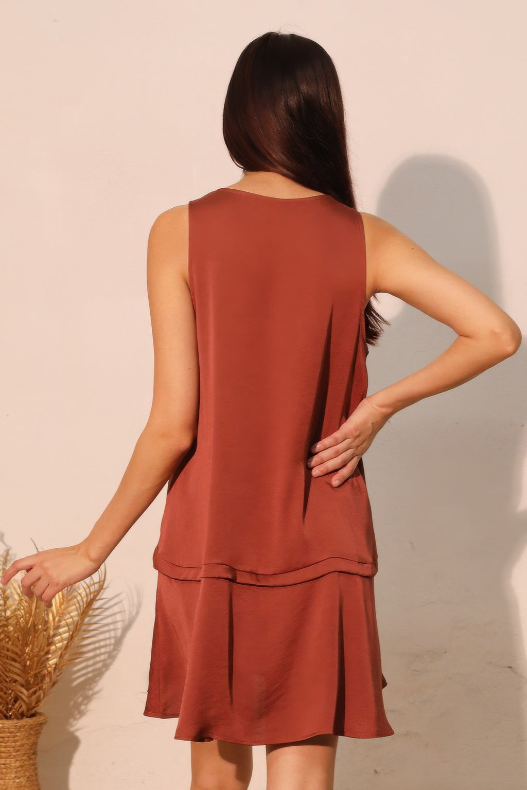 Back view of brown sleeveless V-neck swing dress with tie detail and tiered hem