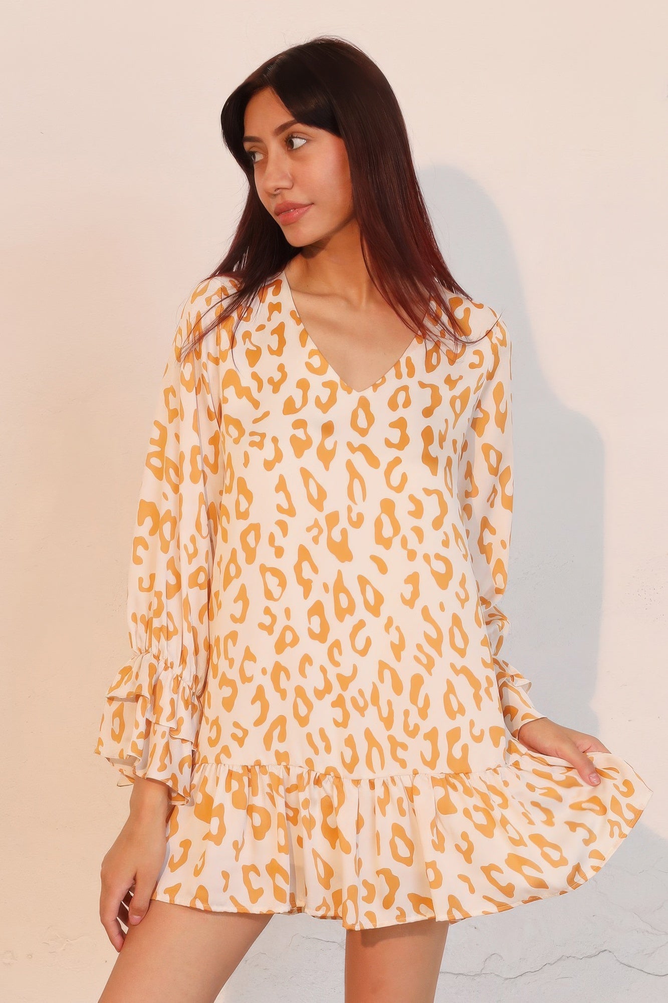 Simple Leopard Dress With Ruffle Cuff - Tigbul's Variety Fashion Shop