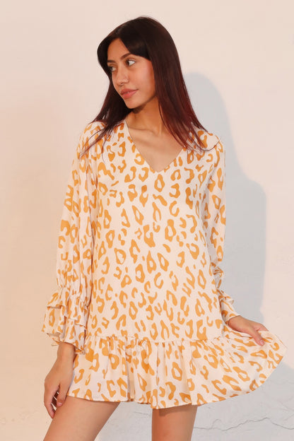 Simple Leopard Dress With Ruffle Cuff - Tigbul's Variety Fashion Shop