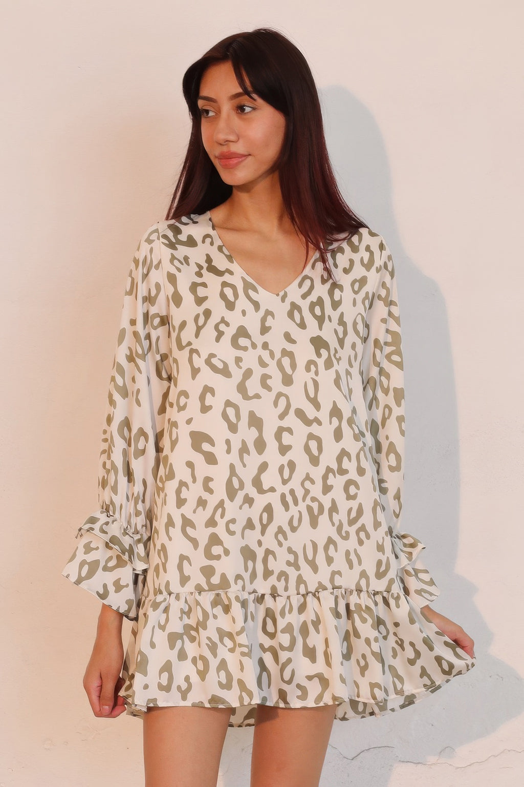 Leopard print ruffle-cuff tiered mini dress, V-neck, long sleeves in beige and olive