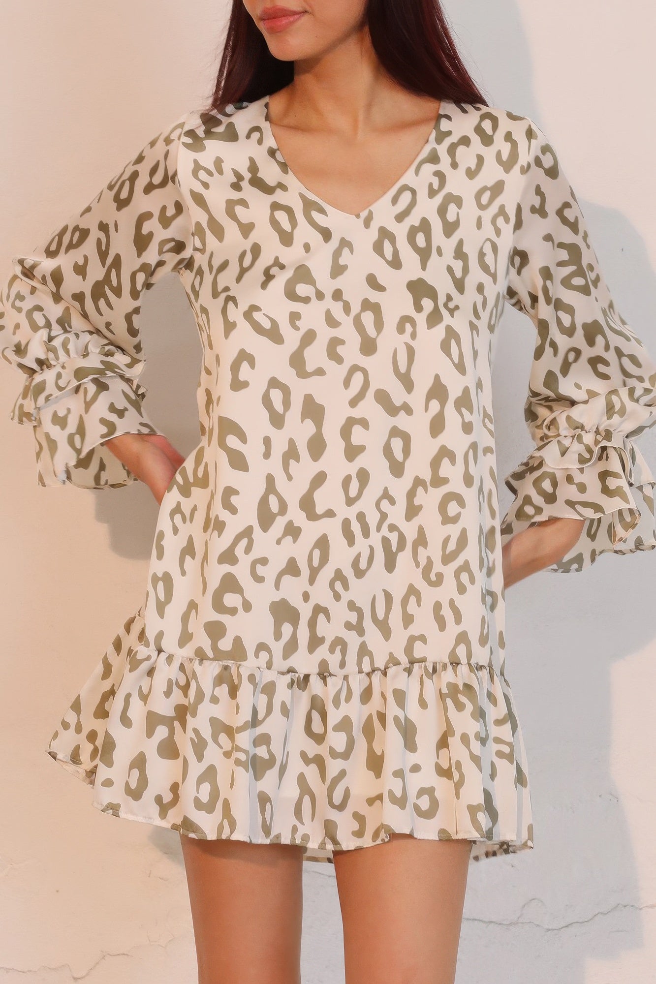 Beige and olive leopard print V-neck mini dress with ruffle cuffs and flared tiers