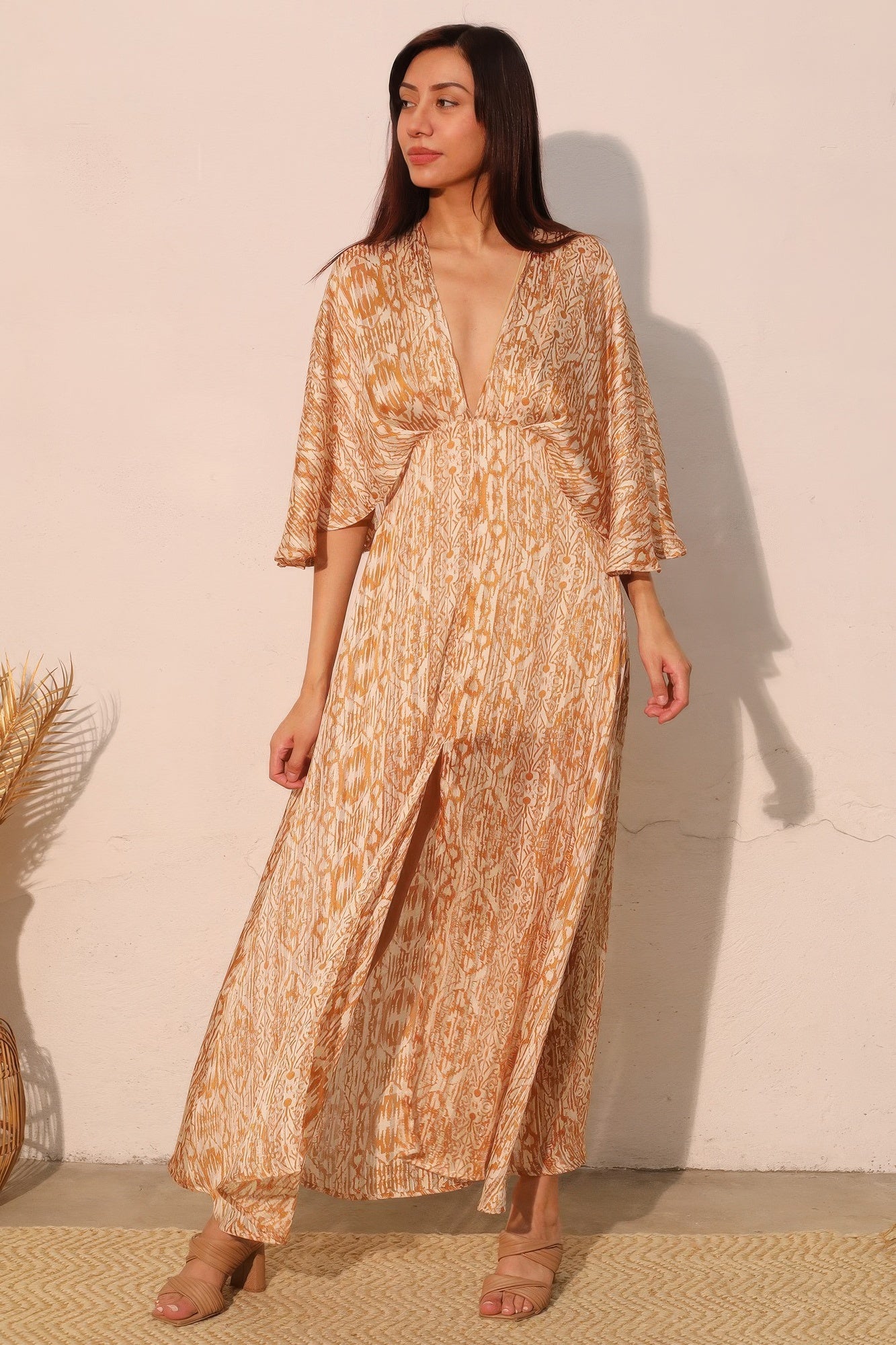 Bohemian maxi chiffon dress, draped V-neck bodice, flowing sleeves, long skirt