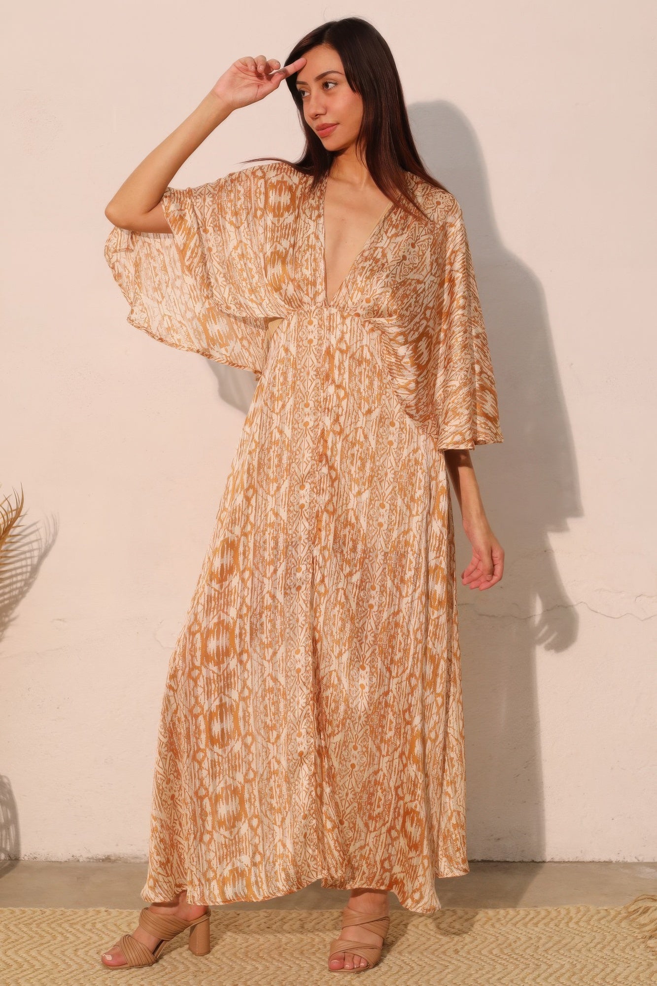 Bohemian maxi chiffon dress, wide flutter sleeves, V-neck, ankle-length with slit
