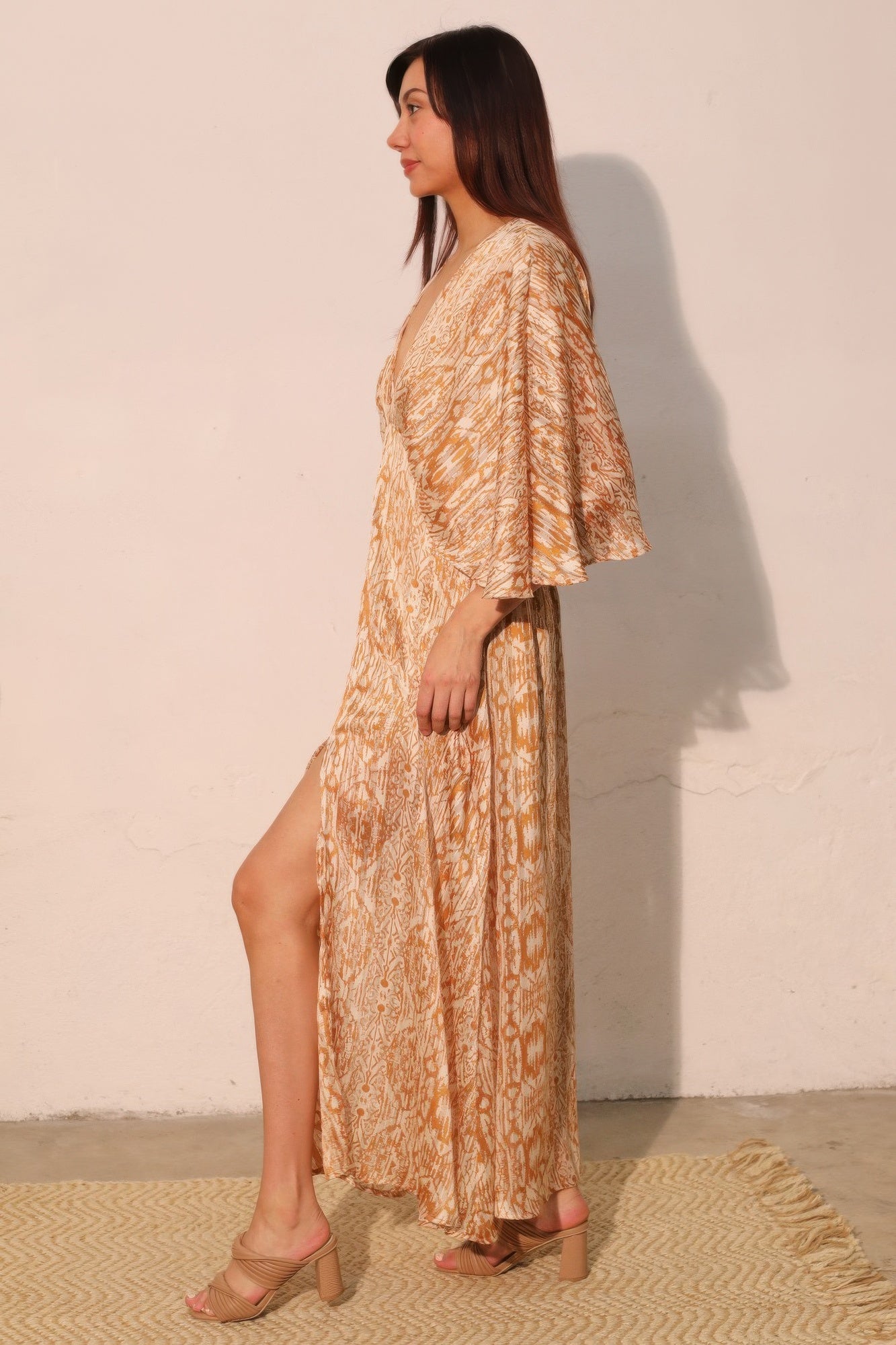 Bohemian maxi chiffon dress, side view, flutter sleeves and high side slit