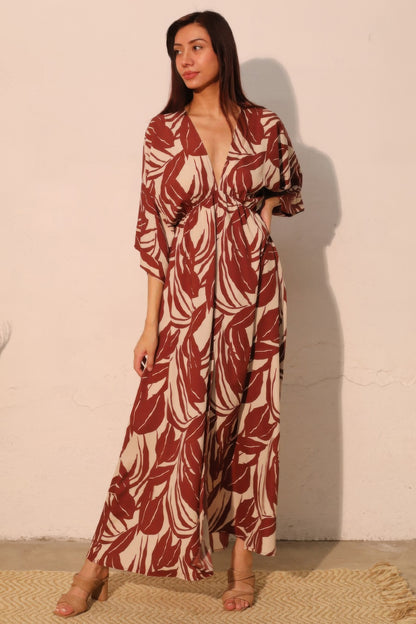 Lucca Leaf Kimono Maxi Dress - Tigbul's Variety Fashion Shop
