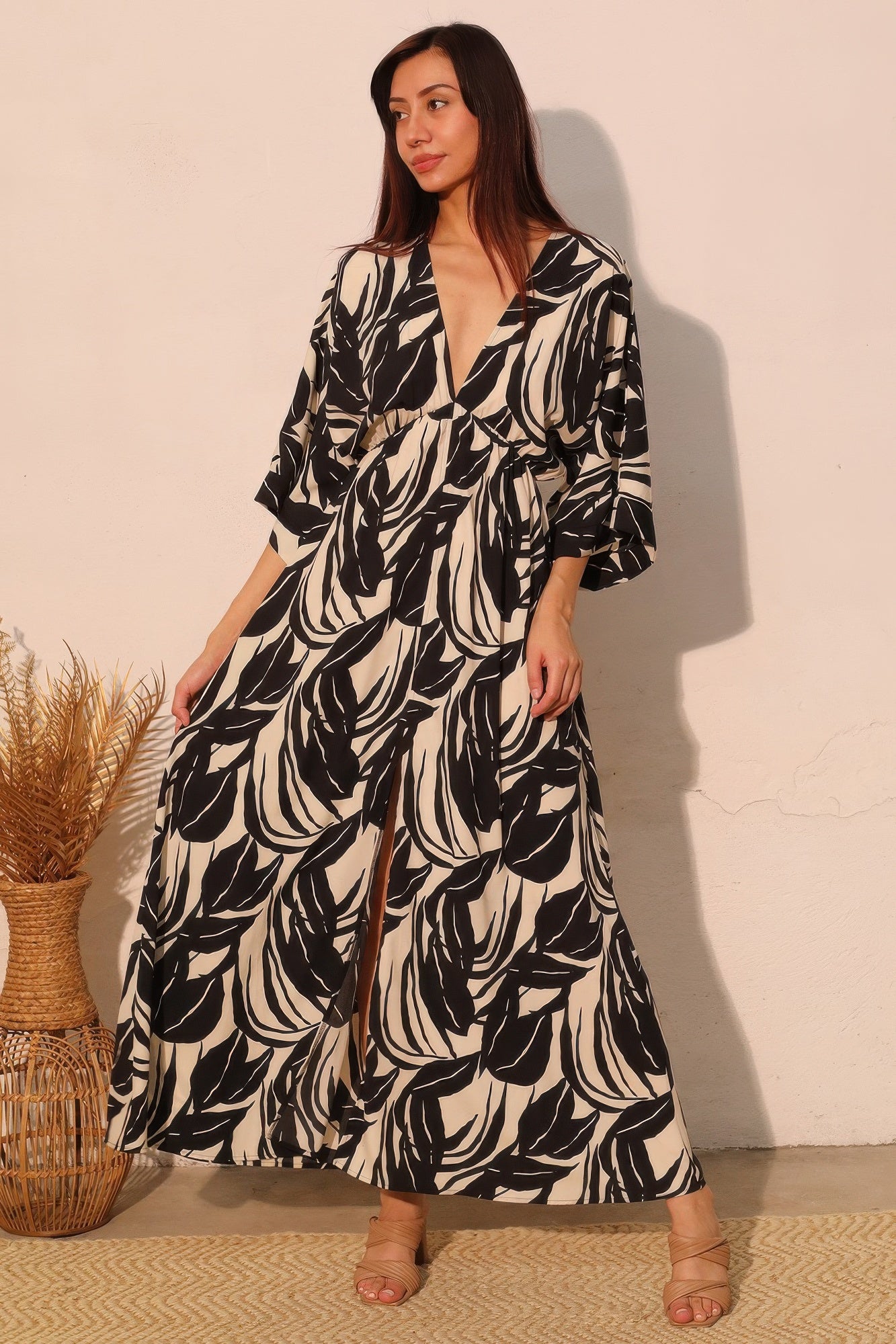 Lucca Leaf Kimono Maxi Dress - Tigbul's Variety Fashion Shop