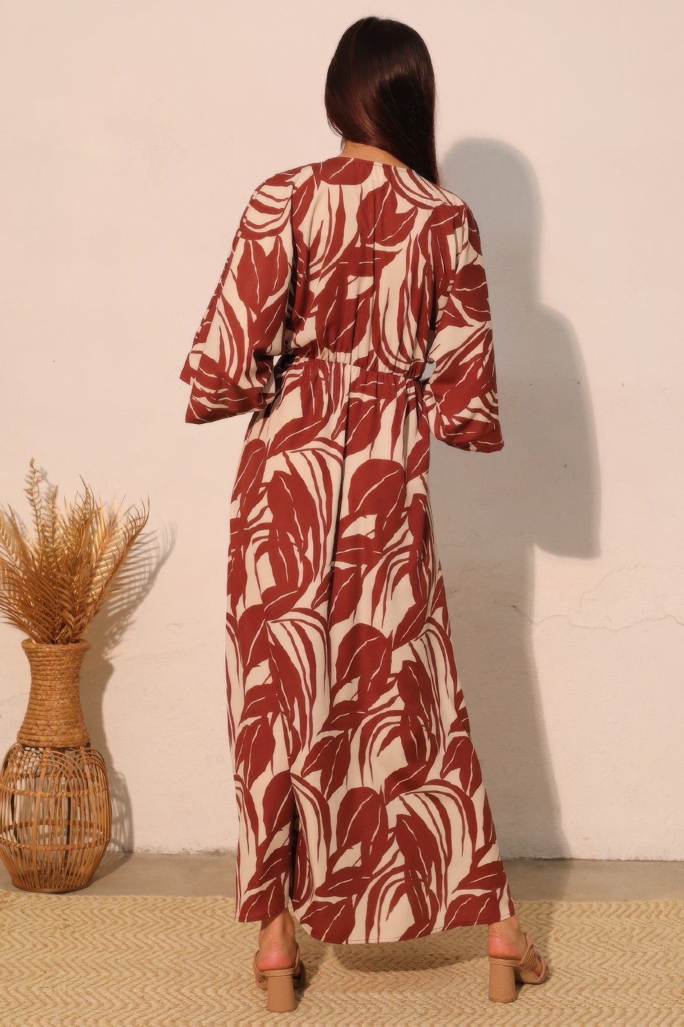 Lucca Leaf kimono maxi dress back length with tied waist, red-and-cream print