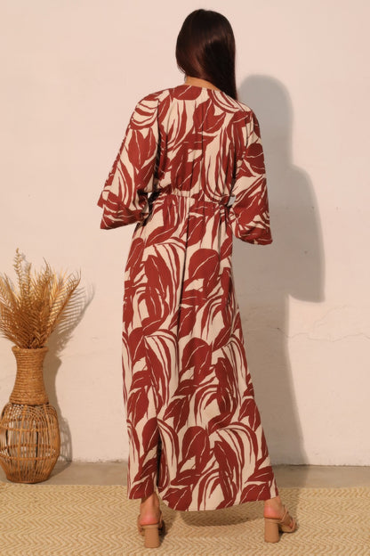 Lucca Leaf Kimono Maxi Dress - Tigbul's Variety Fashion Shop