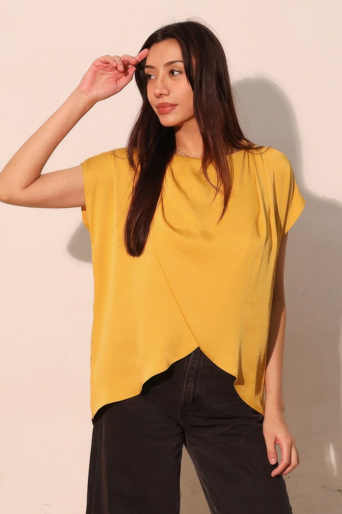 Washed poly silk tulip tunic top, mustard yellow, draped crossover front, short sleeves