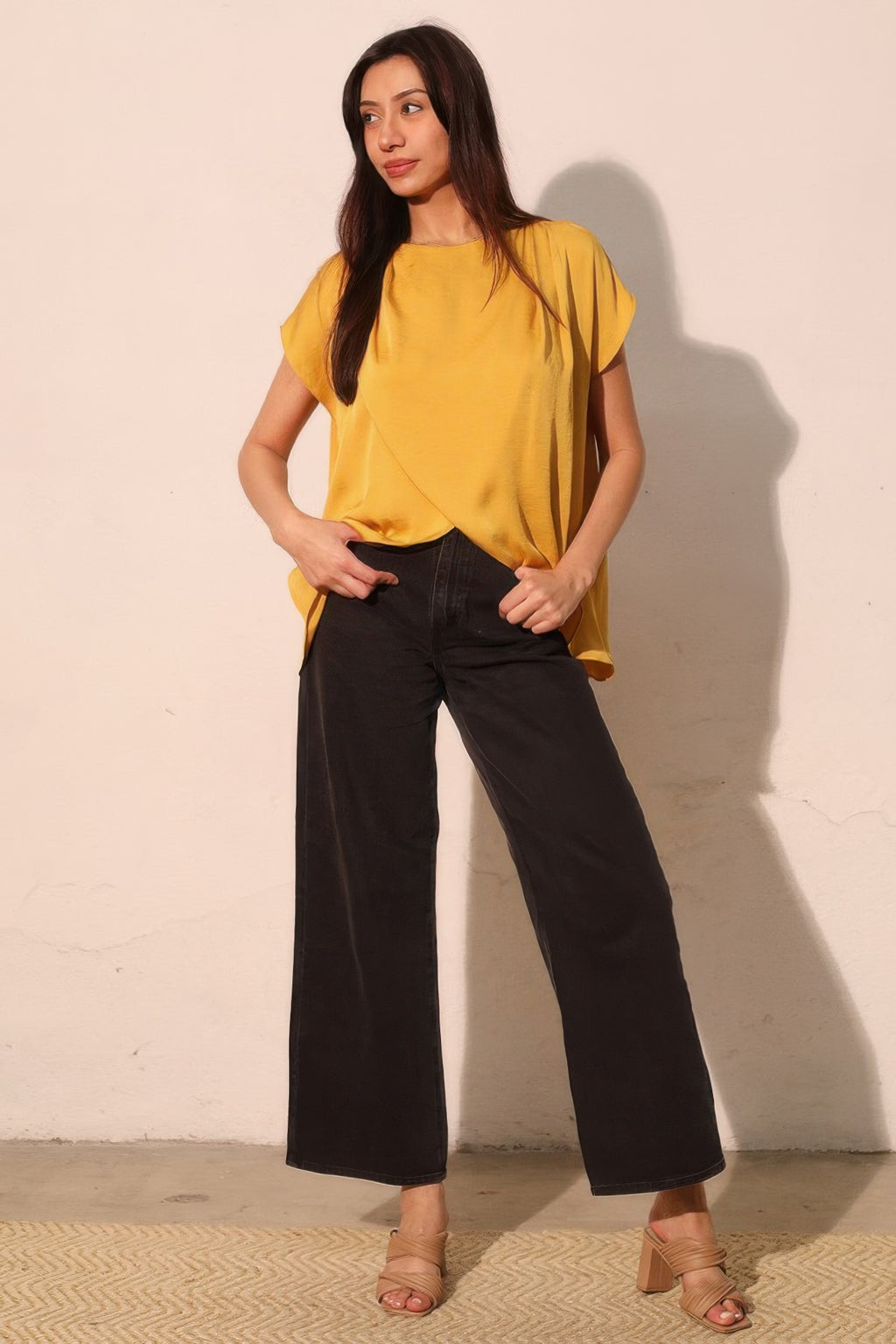 Mustard yellow tulip tunic top with draped V-front and short sleeves