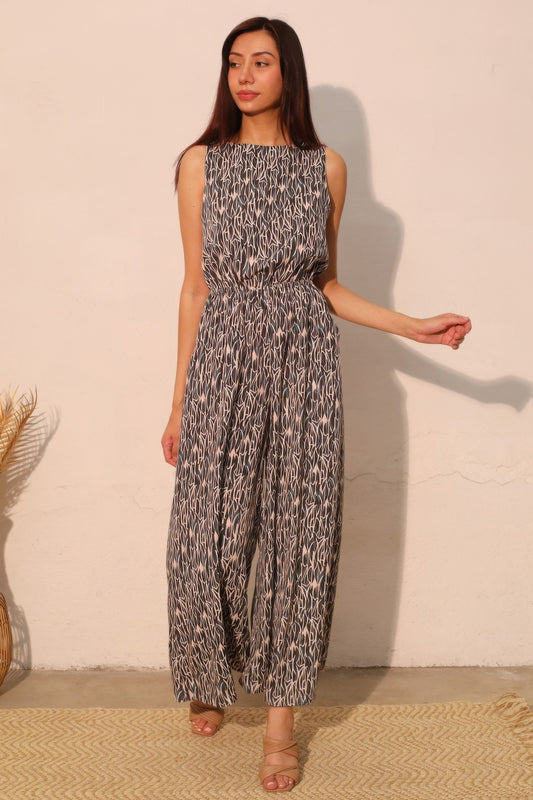Night Meadow Sleeveless Bubble Jumpsuit - Tigbul's Variety Fashion Shop