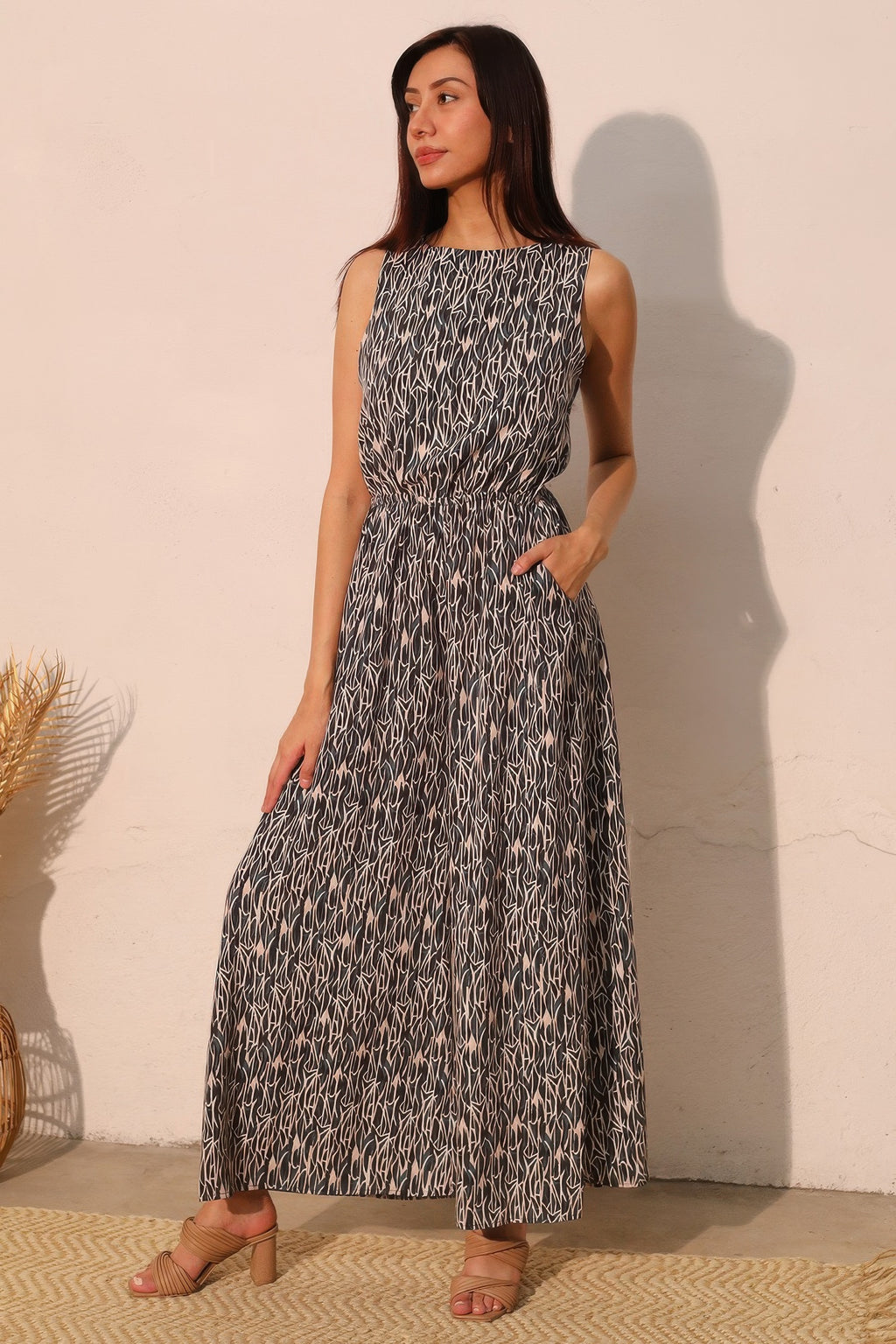 Night Meadow sleeveless bubble jumpsuit with round neckline and black-and-white pattern