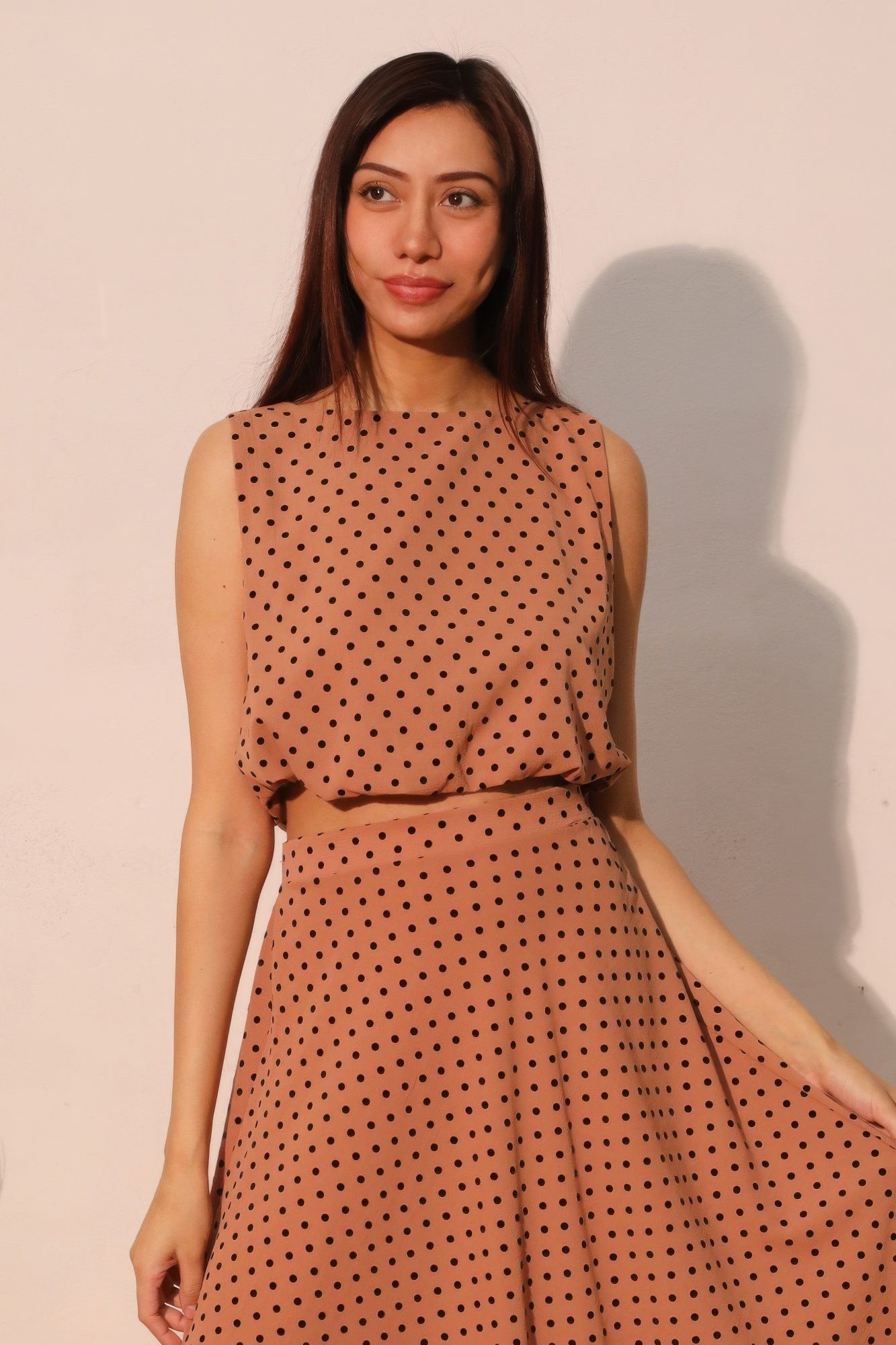 Flocked polka dot bubble crop top, sleeveless, high neckline, fitted bodice