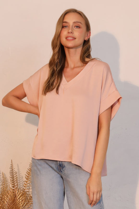 Washed Poly Silk V-neck Tee - Tigbul's Variety Fashion Shop
