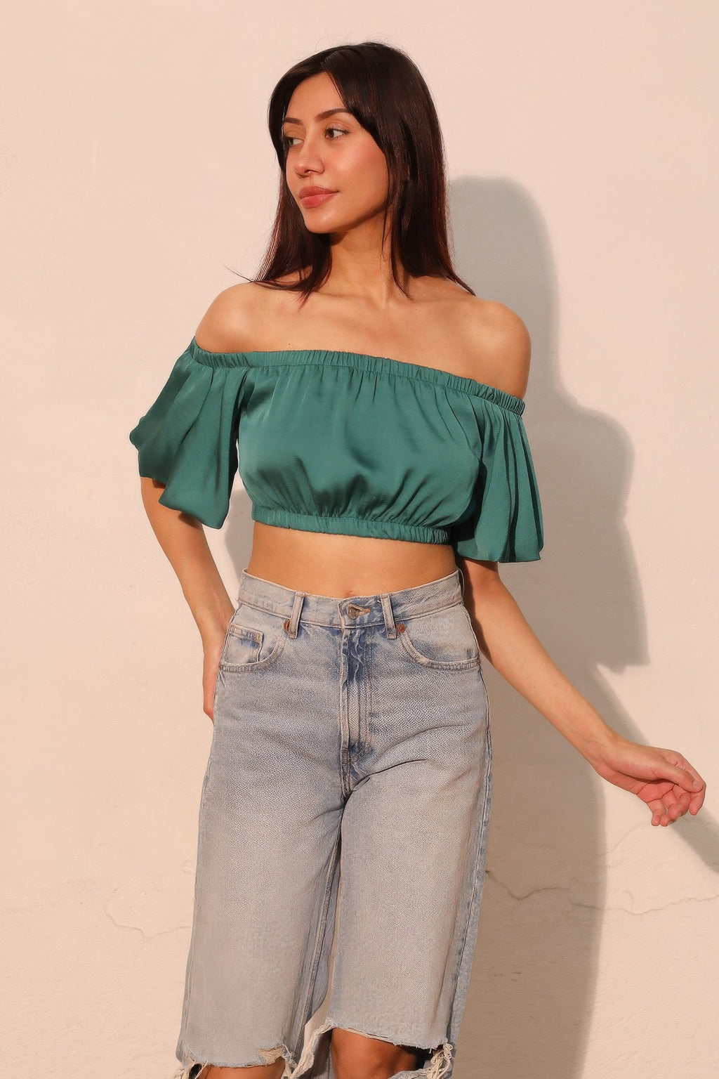 Washed poly silk crop top, forest green off-shoulder with bubble sleeves