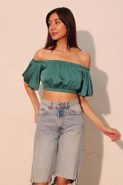 Washed Poly Silk Bubble Sleeve Crop Top - Tigbul's Variety Fashion Shop