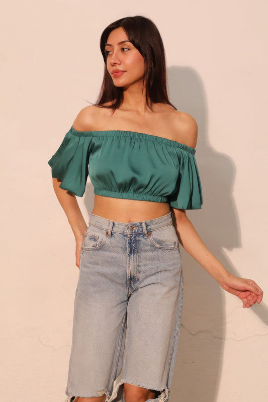 Washed Poly Silk Bubble Sleeve Crop Top - Tigbul's Variety Fashion Shop