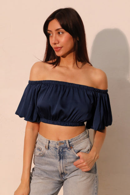 Washed Poly Silk Bubble Sleeve Crop Top - Tigbul's Variety Fashion Shop