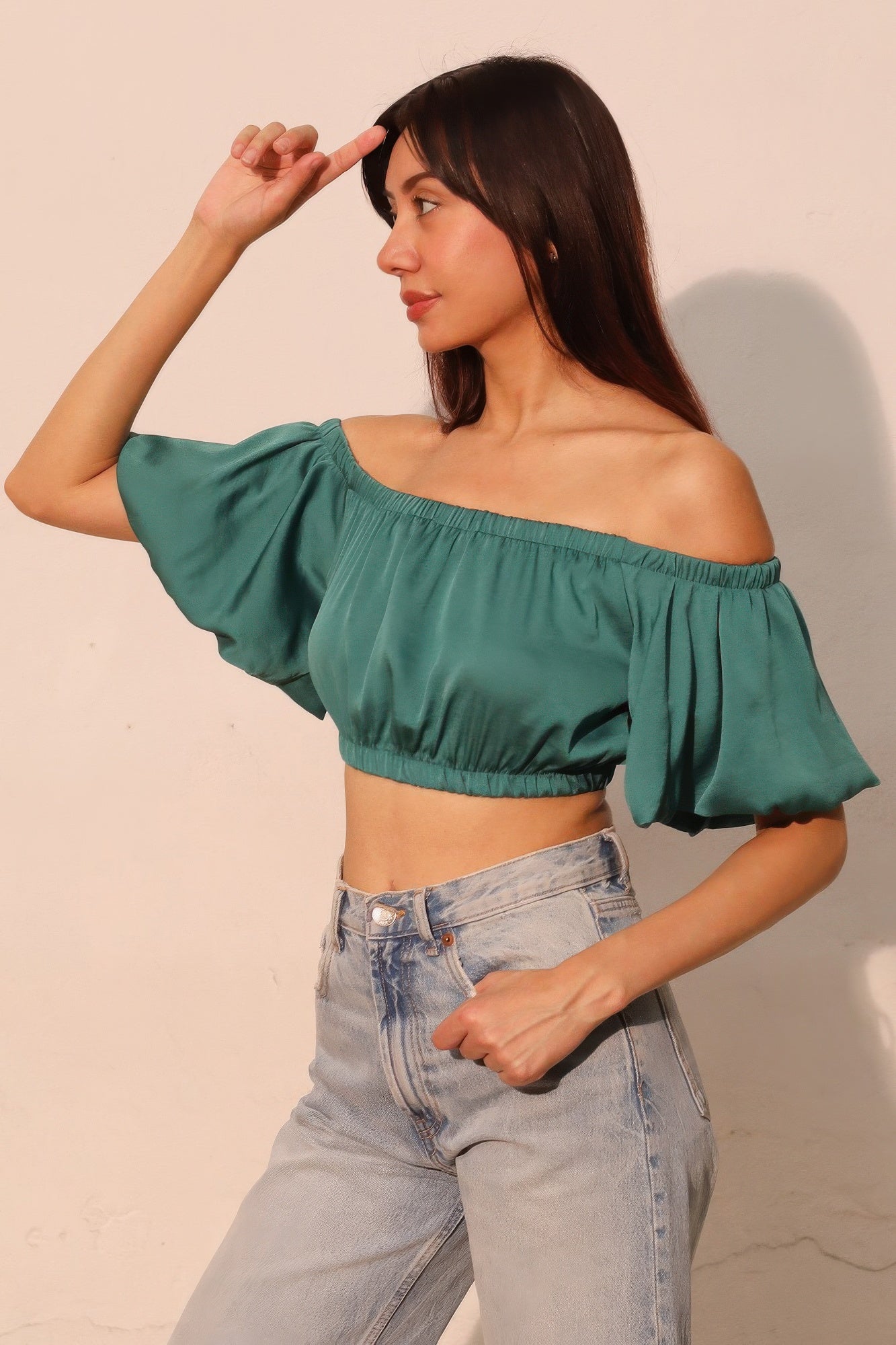 Forest green bubble-sleeve off-shoulder crop top with ruched elastic neckline