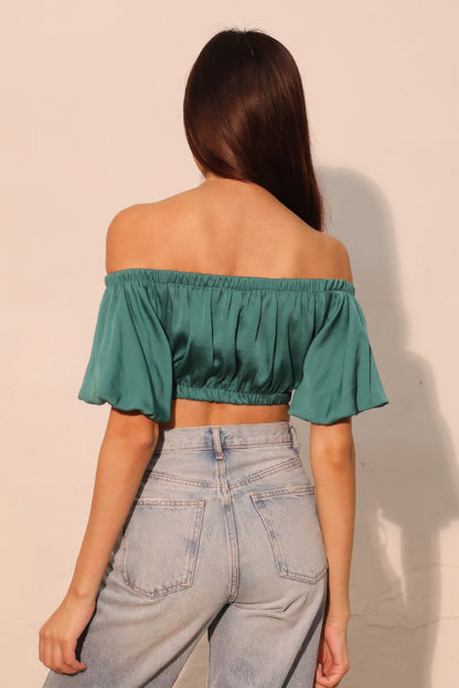 Washed Poly Silk Bubble Sleeve Crop Top - Tigbul's Variety Fashion Shop
