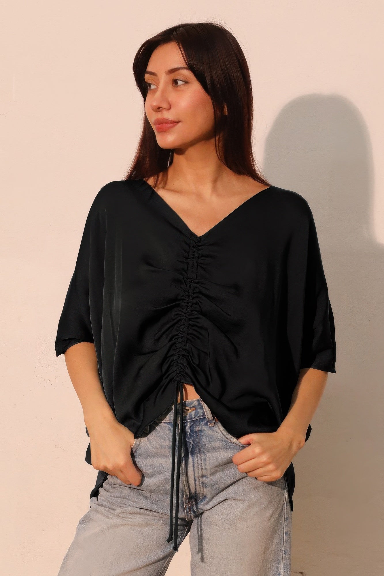 Washed Poly Silk Drawstring Dolman Top - Tigbul's Variety Fashion Shop