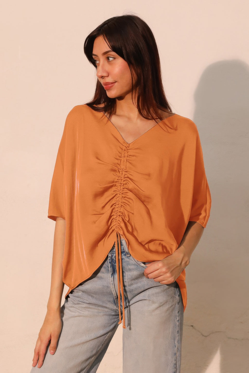 Washed poly-silk dolman top, pumpkin, V-neck ruched drawstring center