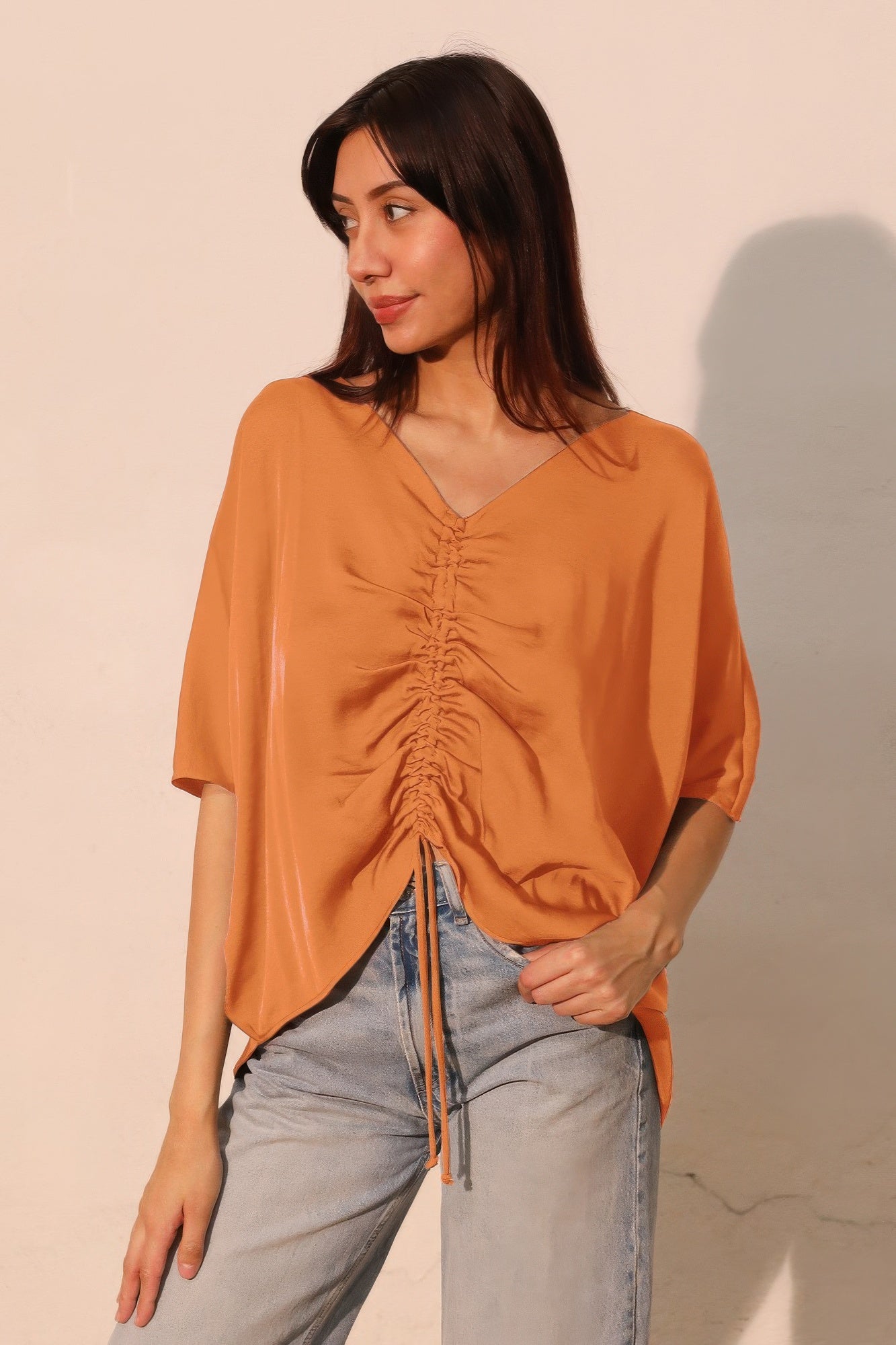 Washed poly-silk dolman top, pumpkin, V-neck ruched drawstring center