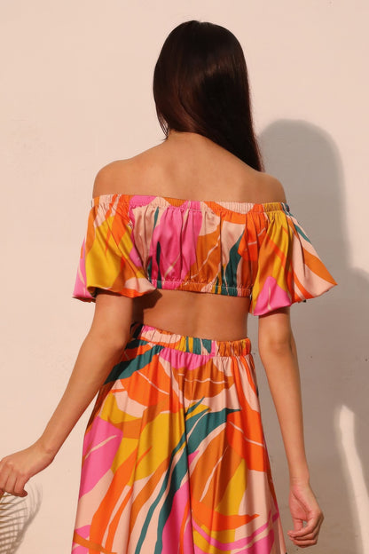 Isla Tropical Satin Bubble Sleeve Crop Top - Tigbul's Variety Fashion Shop